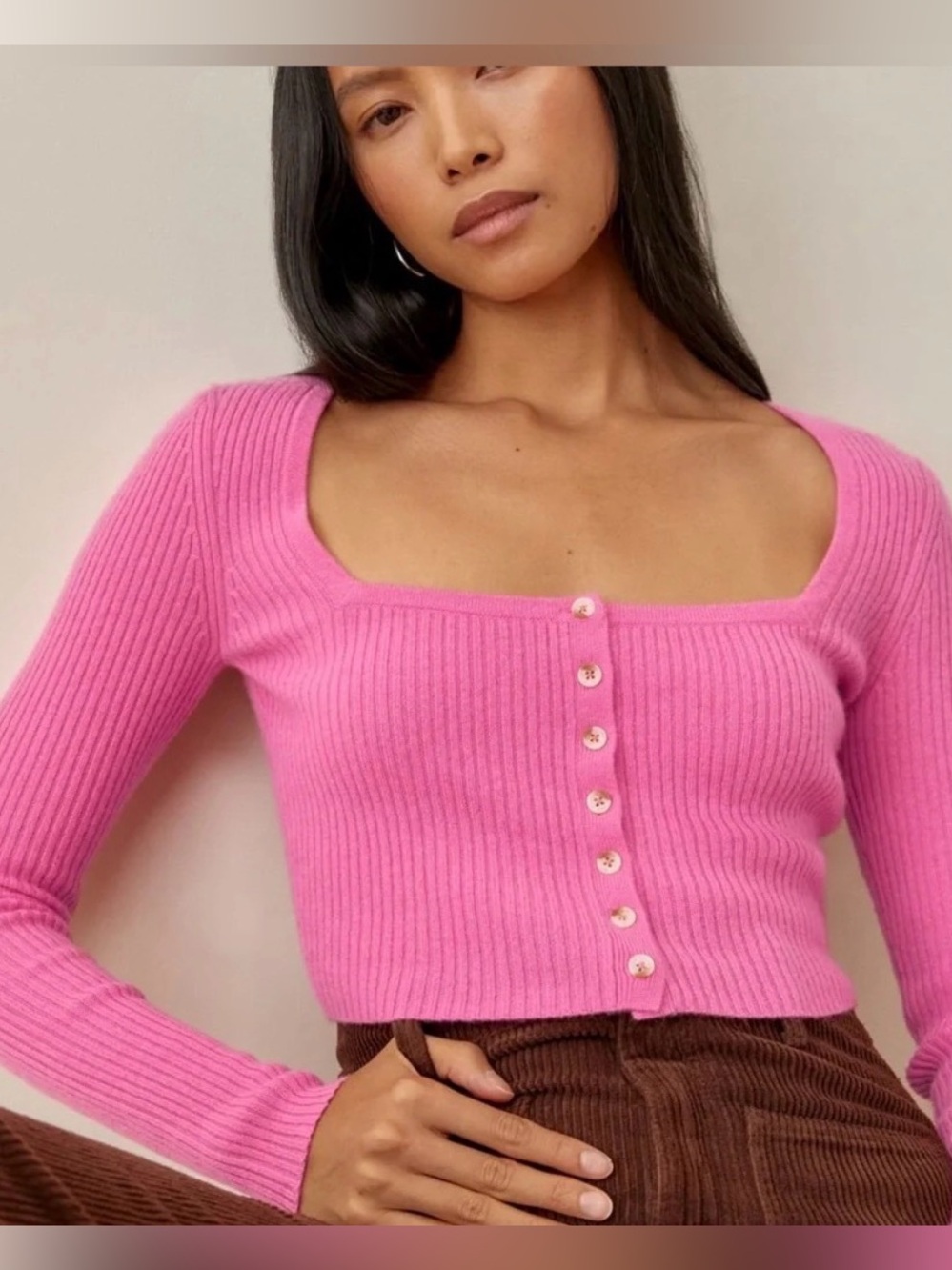 Reformation Cashmere Cropped Hot Pink Ribbed Square-Neck Button Cardigan
